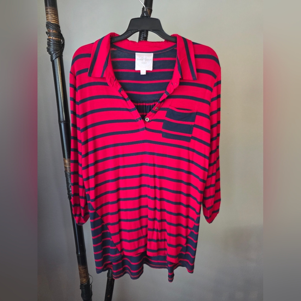 Romeo & Juliet Couture Red and Navy Striped Button Down Shirt